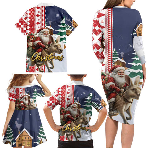 Kangaroo Australia Christmas Family Matching Long Sleeve Bodycon Dress and Hawaiian Shirt Xmas Pattern