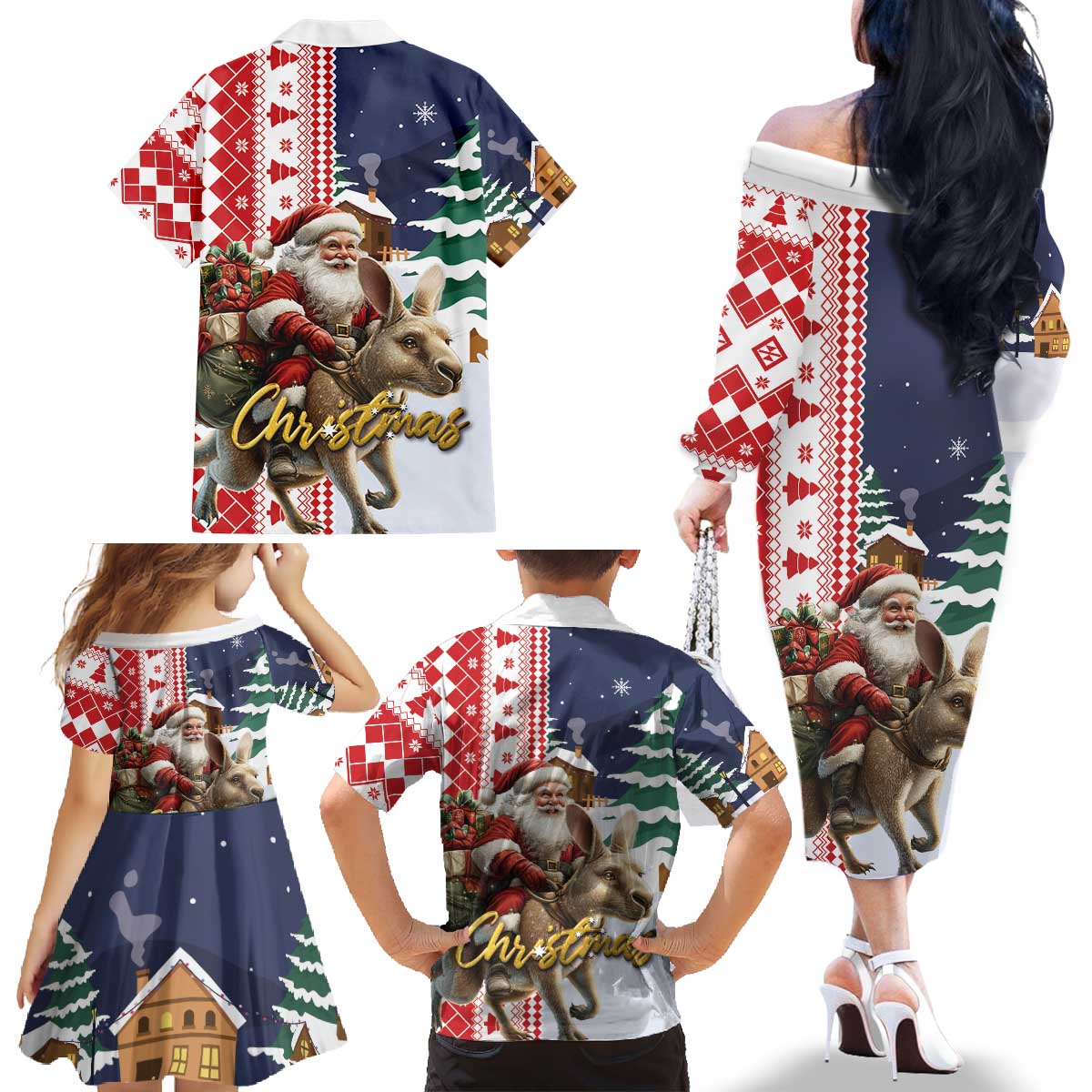 Kangaroo Australia Christmas Family Matching Off The Shoulder Long Sleeve Dress and Hawaiian Shirt Xmas Pattern