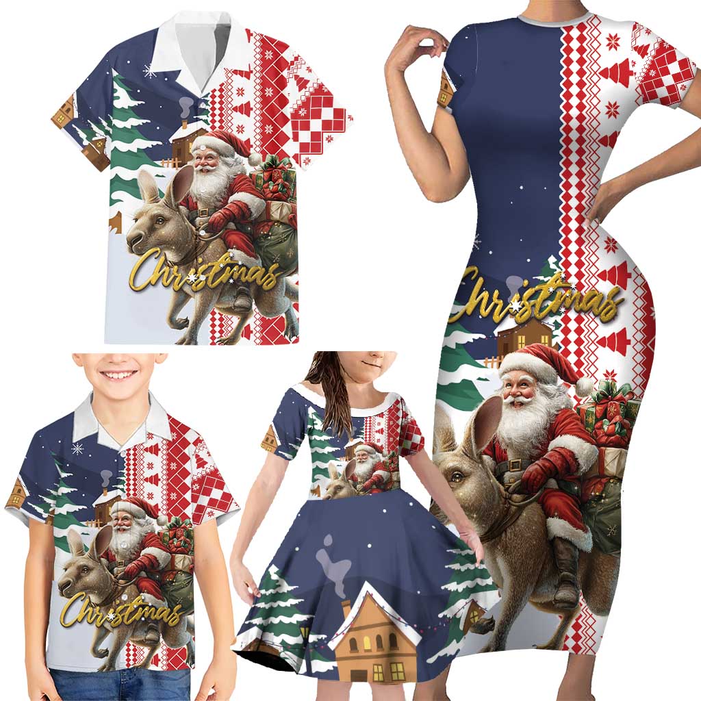 Kangaroo Australia Christmas Family Matching Short Sleeve Bodycon Dress and Hawaiian Shirt Xmas Pattern