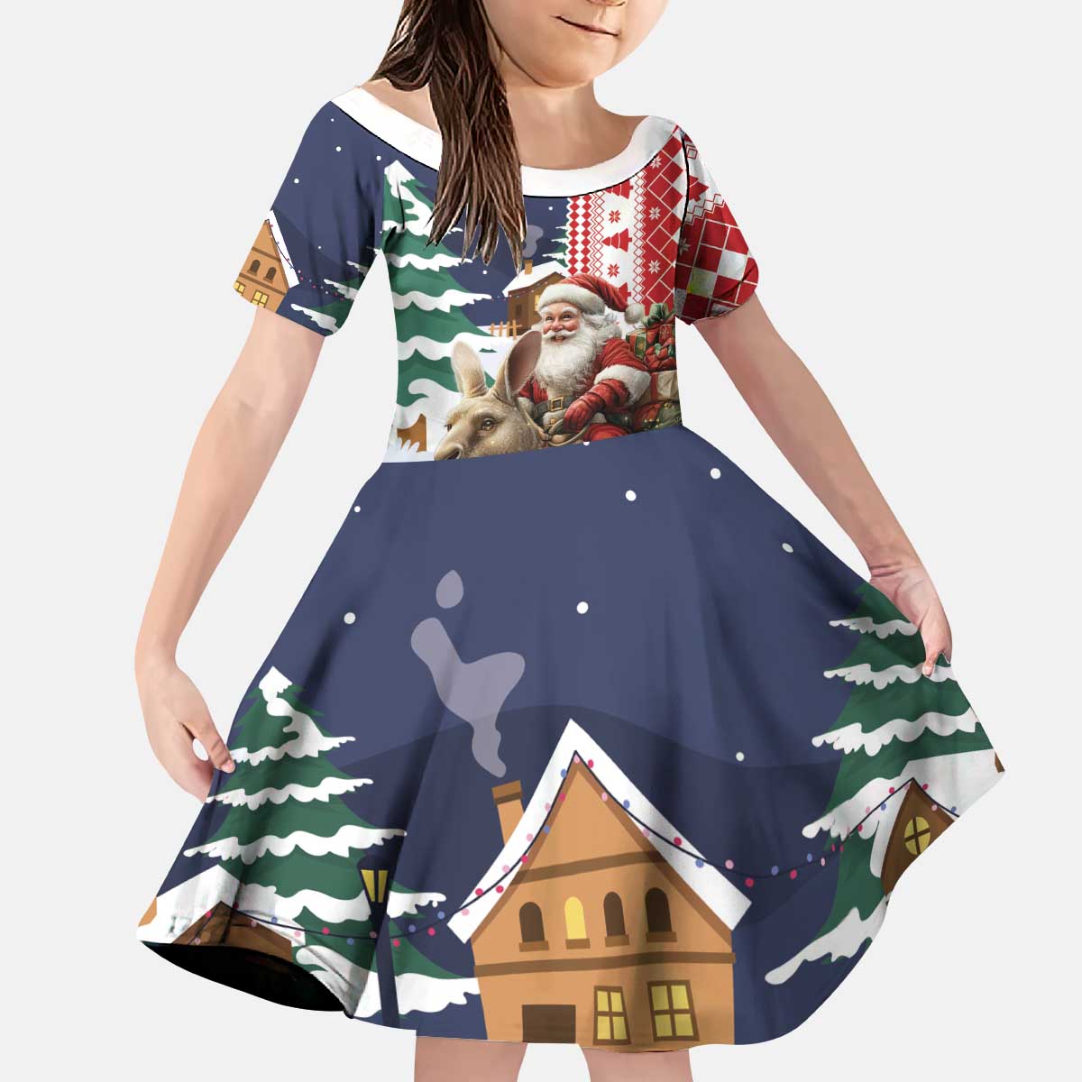 Kangaroo Australia Christmas Kid Short Sleeve Dress Xmas Pattern