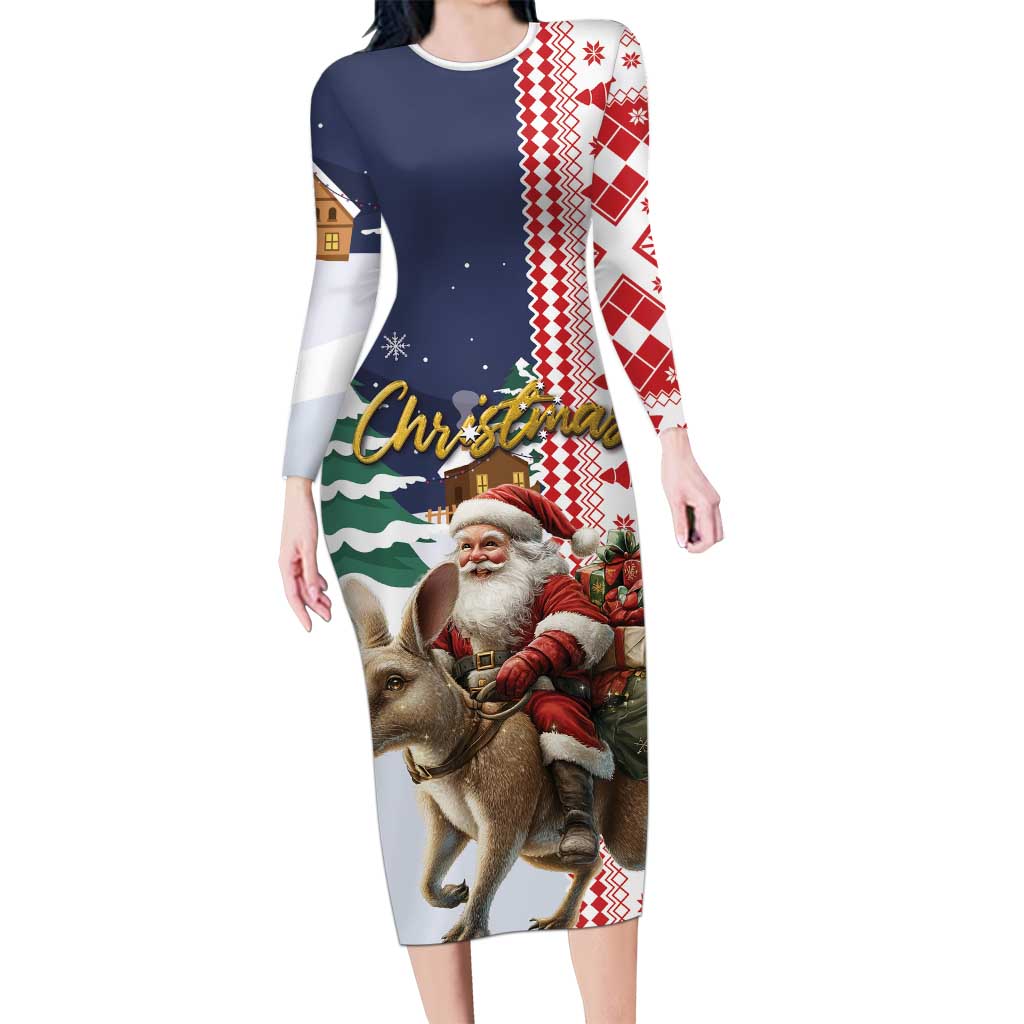 Kangaroo Australia Christmas Long Sleeve Bodycon Dress Xmas Pattern