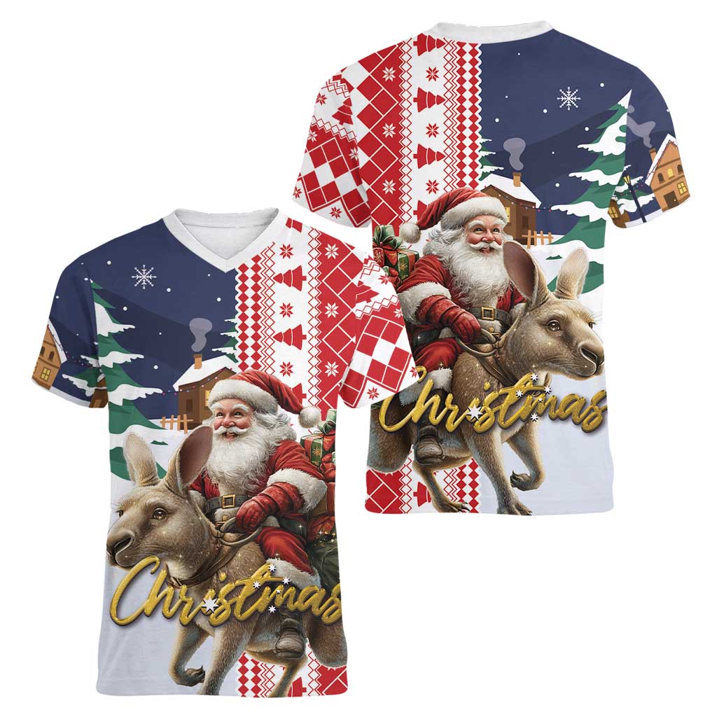 Kangaroo Australia Christmas Women V-Neck T-Shirt Xmas Pattern