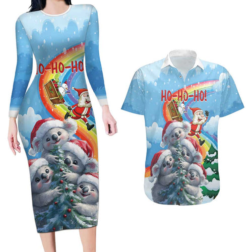 Personalised Australia Koala Christmas Couples Matching Long Sleeve Bodycon Dress and Hawaiian Shirt Santa Claus Ho Ho Ho