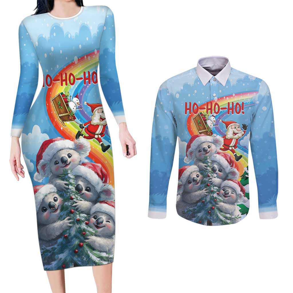 Personalised Australia Koala Christmas Couples Matching Long Sleeve Bodycon Dress and Long Sleeve Button Shirt Santa Claus Ho Ho Ho