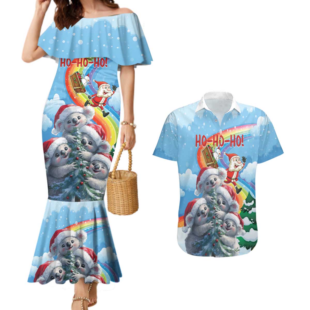 Personalised Australia Koala Christmas Couples Matching Mermaid Dress and Hawaiian Shirt Santa Claus Ho Ho Ho