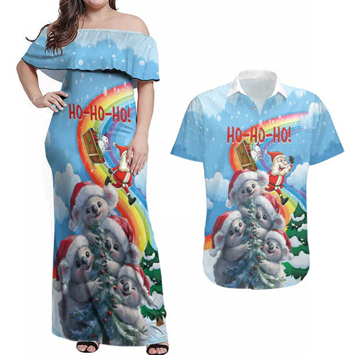 Personalised Australia Koala Christmas Couples Matching Off Shoulder Maxi Dress and Hawaiian Shirt Santa Claus Ho Ho Ho