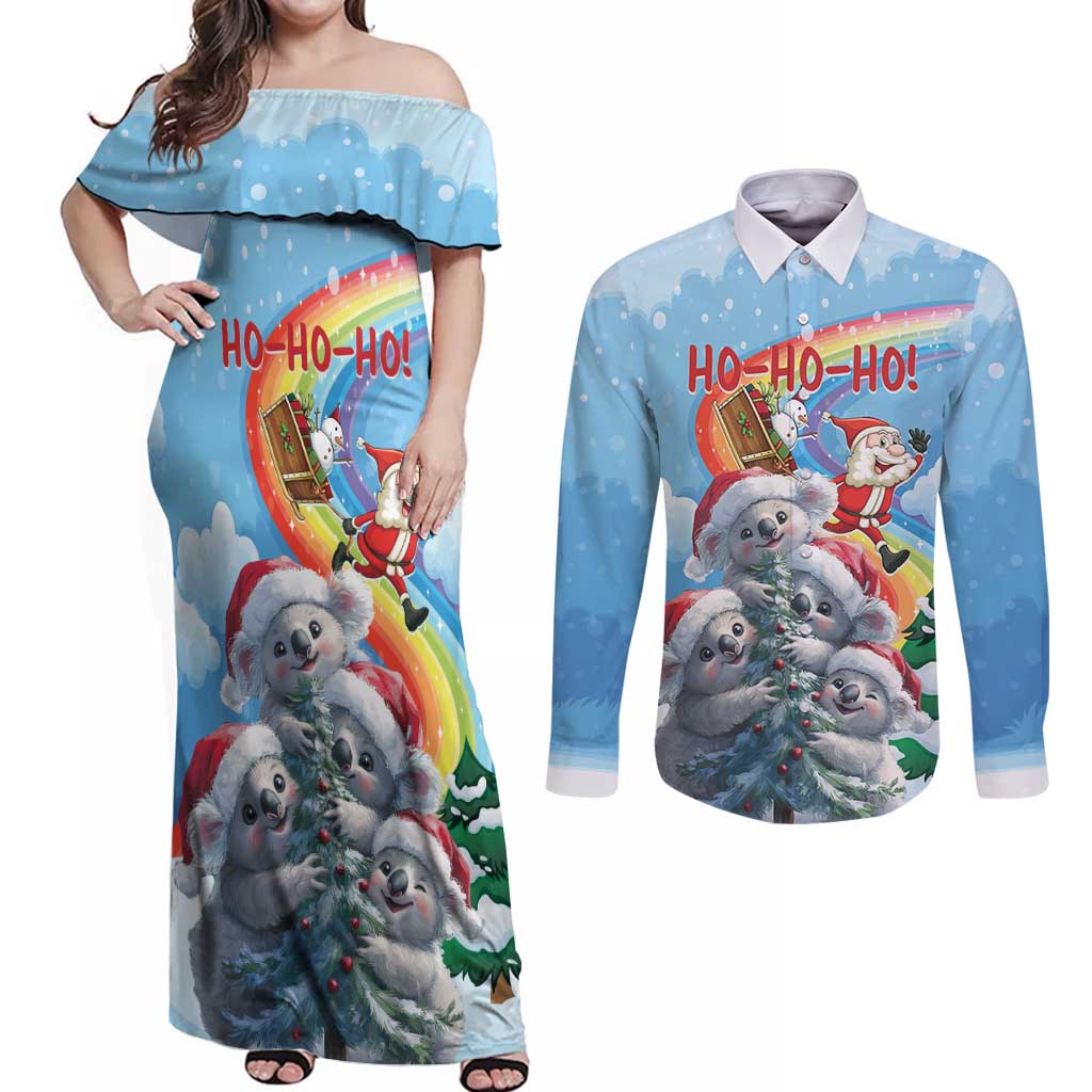 Personalised Australia Koala Christmas Couples Matching Off Shoulder Maxi Dress and Long Sleeve Button Shirt Santa Claus Ho Ho Ho