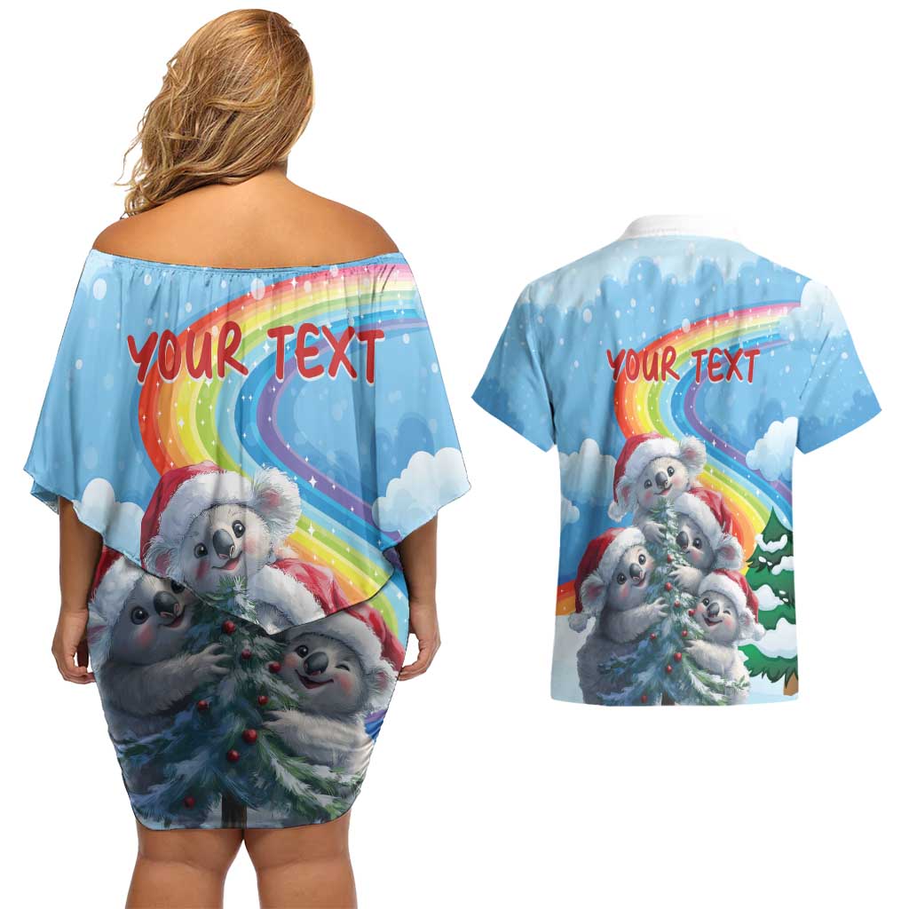 Personalised Australia Koala Christmas Couples Matching Off Shoulder Short Dress and Hawaiian Shirt Santa Claus Ho Ho Ho