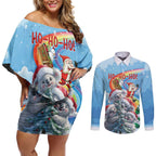 Personalised Australia Koala Christmas Couples Matching Off Shoulder Short Dress and Long Sleeve Button Shirt Santa Claus Ho Ho Ho