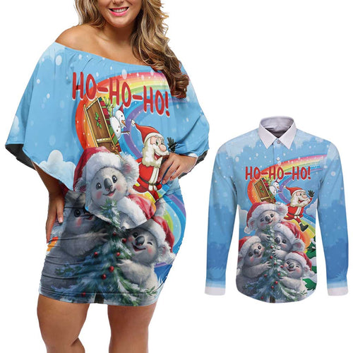 Personalised Australia Koala Christmas Couples Matching Off Shoulder Short Dress and Long Sleeve Button Shirt Santa Claus Ho Ho Ho