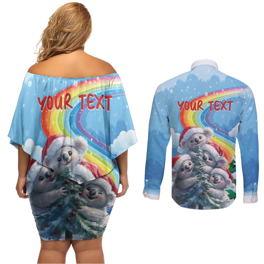 Personalised Australia Koala Christmas Couples Matching Off Shoulder Short Dress and Long Sleeve Button Shirt Santa Claus Ho Ho Ho