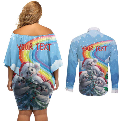 Personalised Australia Koala Christmas Couples Matching Off Shoulder Short Dress and Long Sleeve Button Shirt Santa Claus Ho Ho Ho