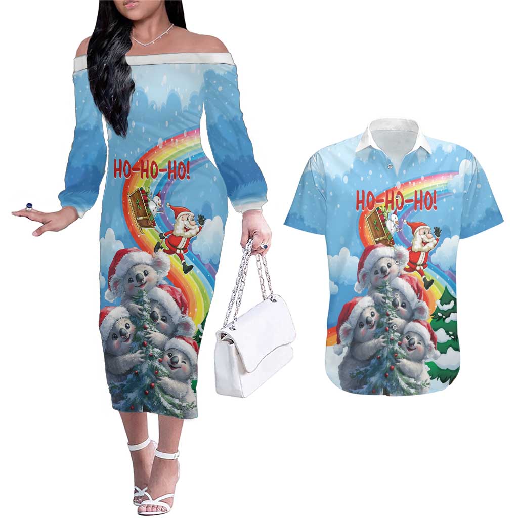 Personalised Australia Koala Christmas Couples Matching Off The Shoulder Long Sleeve Dress and Hawaiian Shirt Santa Claus Ho Ho Ho
