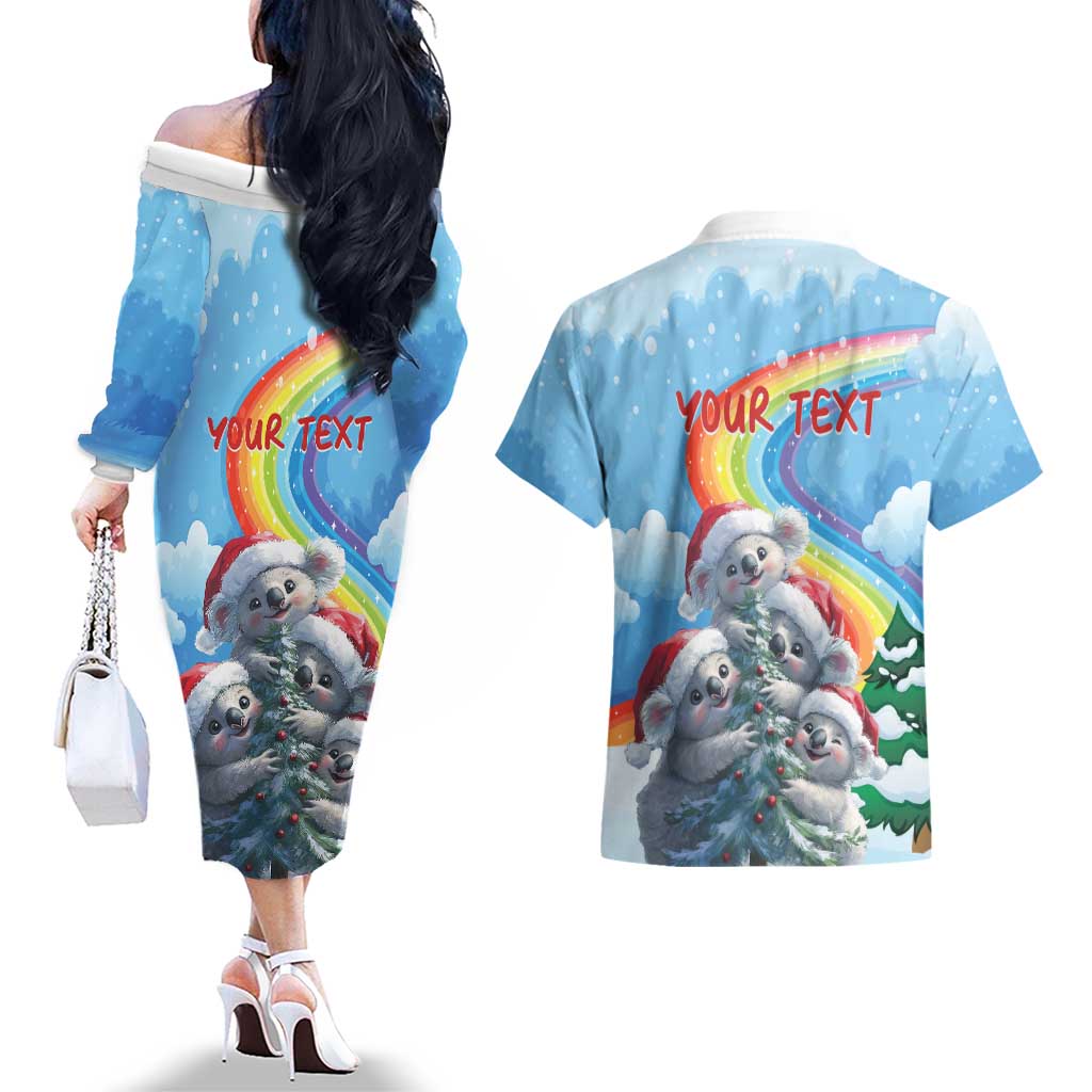 Personalised Australia Koala Christmas Couples Matching Off The Shoulder Long Sleeve Dress and Hawaiian Shirt Santa Claus Ho Ho Ho