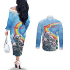 Personalised Australia Koala Christmas Couples Matching Off The Shoulder Long Sleeve Dress and Long Sleeve Button Shirt Santa Claus Ho Ho Ho