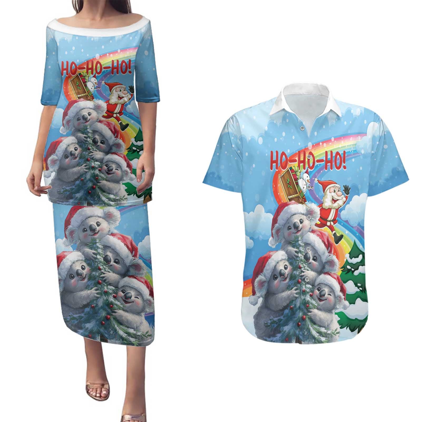 Personalised Australia Koala Christmas Couples Matching Puletasi and Hawaiian Shirt Santa Claus Ho Ho Ho
