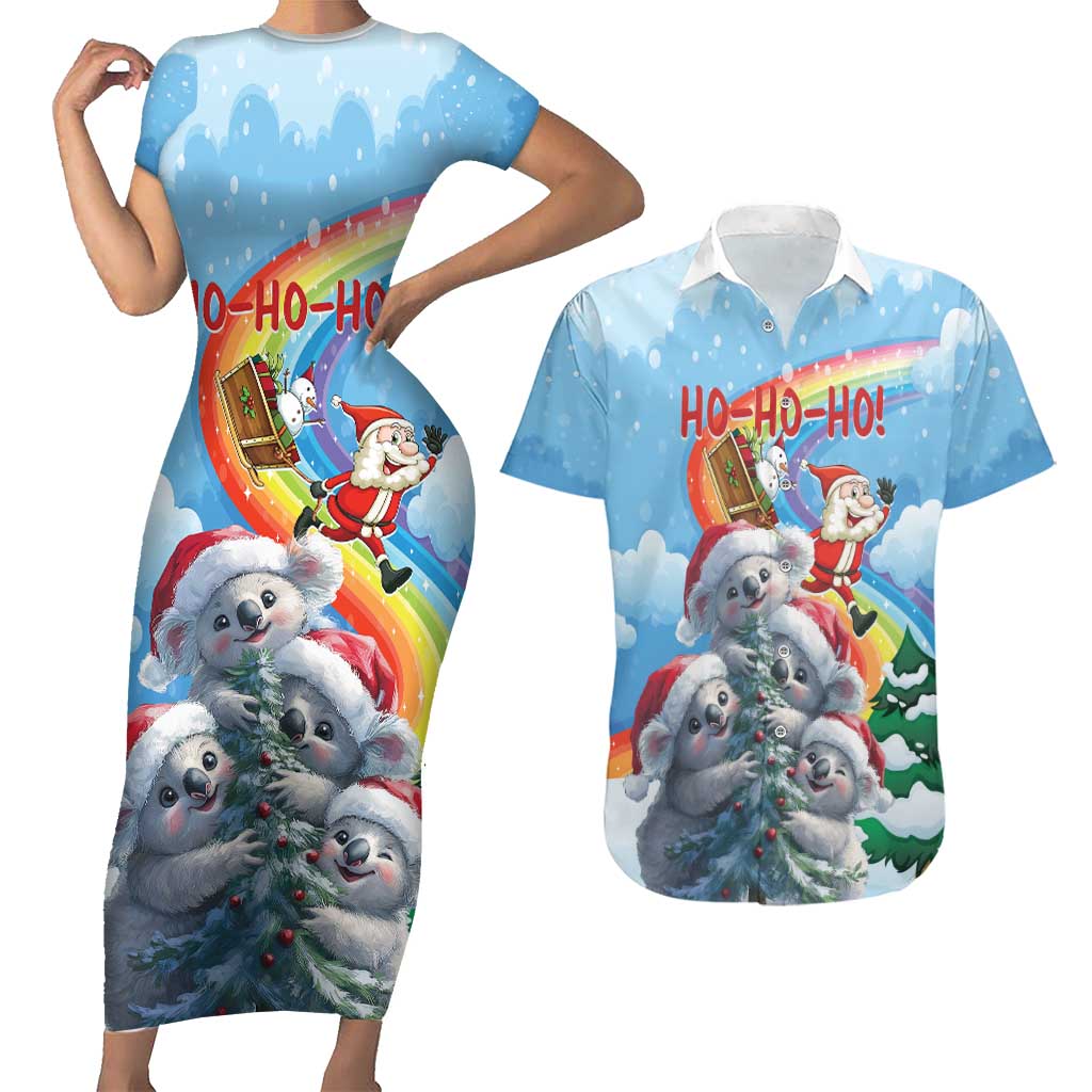 Personalised Australia Koala Christmas Couples Matching Short Sleeve Bodycon Dress and Hawaiian Shirt Santa Claus Ho Ho Ho