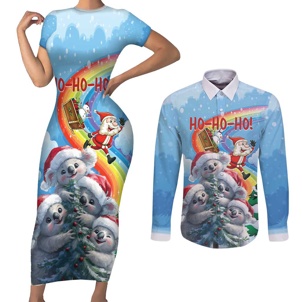 Personalised Australia Koala Christmas Couples Matching Short Sleeve Bodycon Dress and Long Sleeve Button Shirt Santa Claus Ho Ho Ho