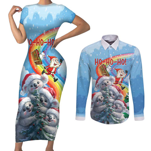 Personalised Australia Koala Christmas Couples Matching Short Sleeve Bodycon Dress and Long Sleeve Button Shirt Santa Claus Ho Ho Ho