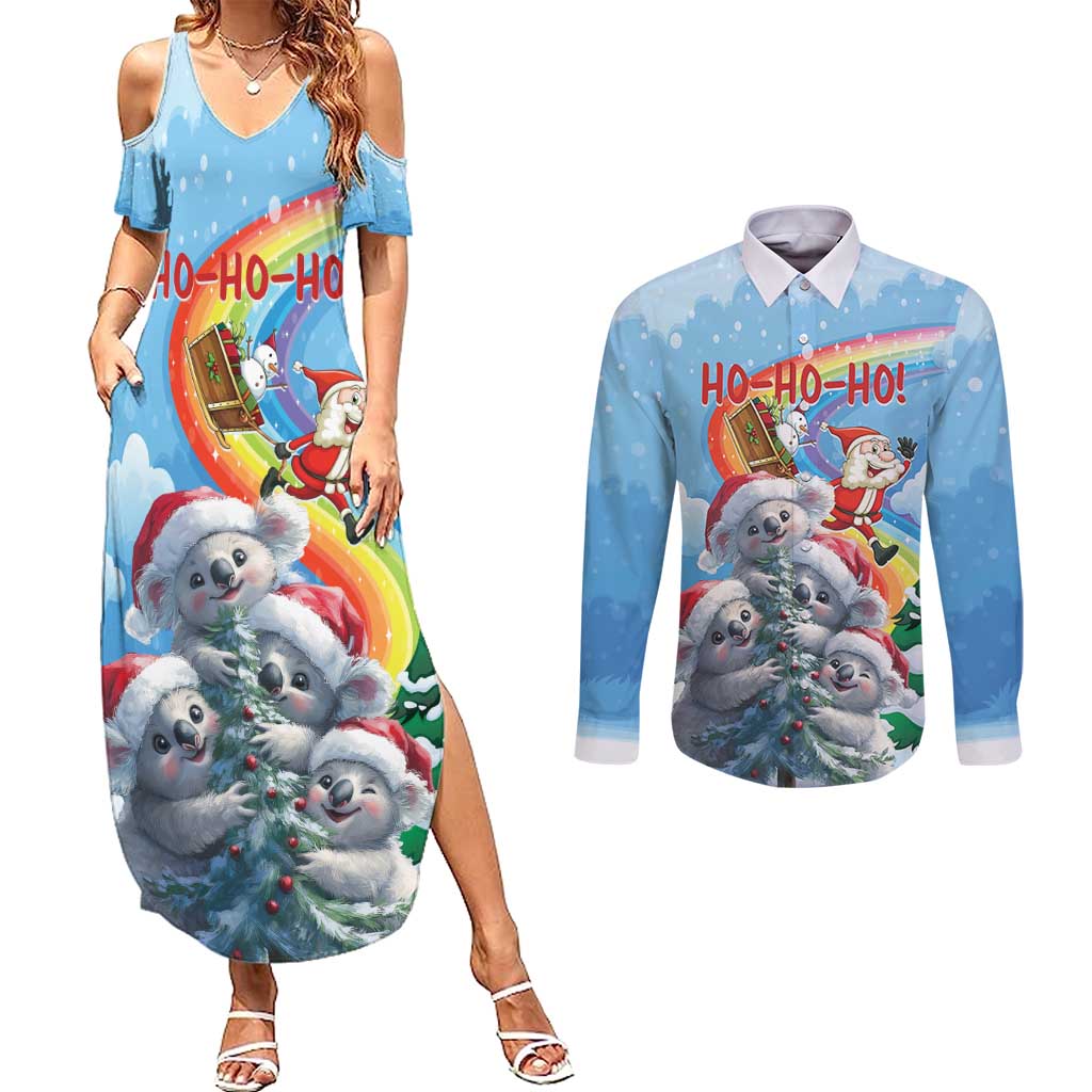 Personalised Australia Koala Christmas Couples Matching Summer Maxi Dress and Long Sleeve Button Shirt Santa Claus Ho Ho Ho