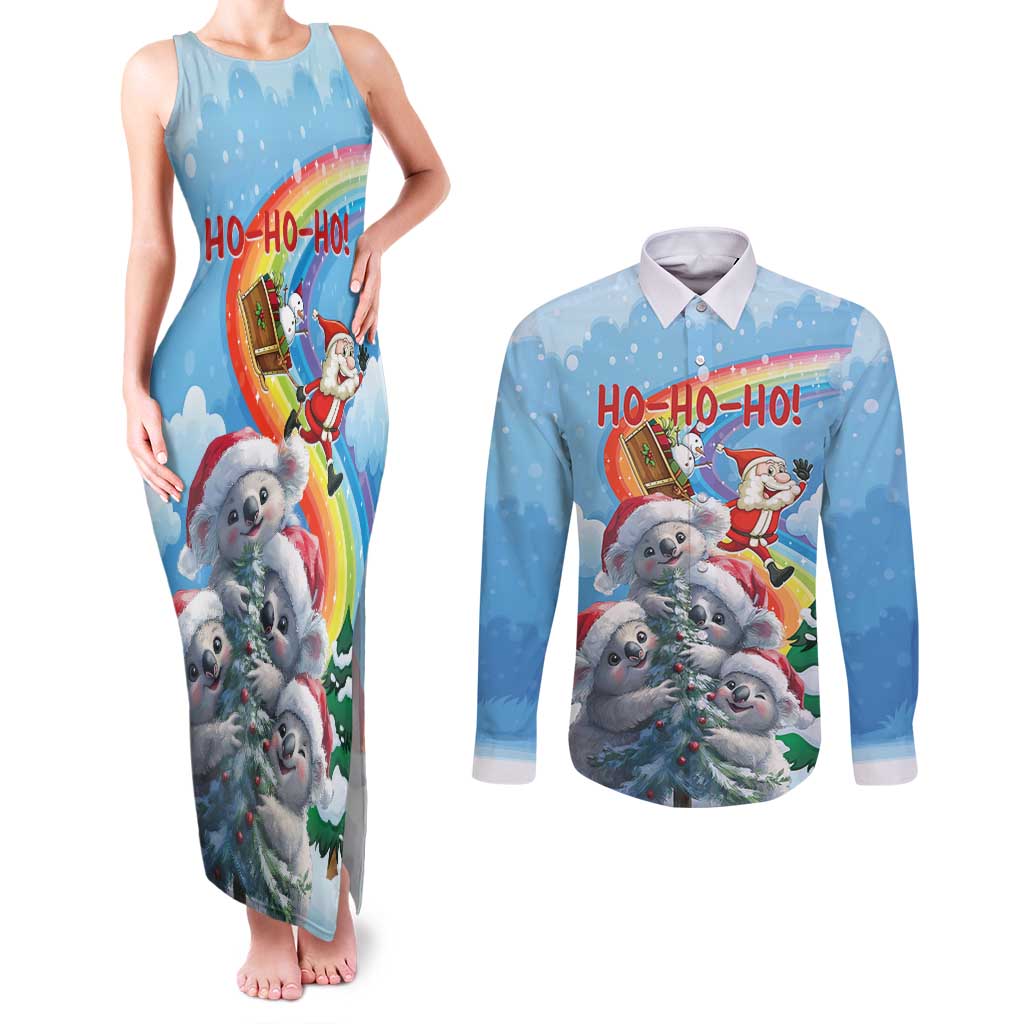 Personalised Australia Koala Christmas Couples Matching Tank Maxi Dress and Long Sleeve Button Shirt Santa Claus Ho Ho Ho