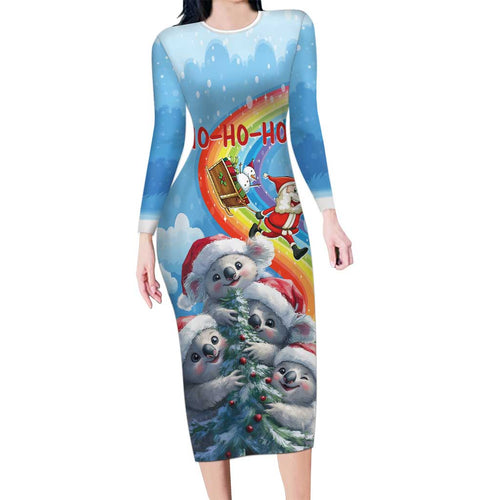 Personalised Australia Koala Christmas Family Matching Long Sleeve Bodycon Dress and Hawaiian Shirt Santa Claus Ho Ho Ho