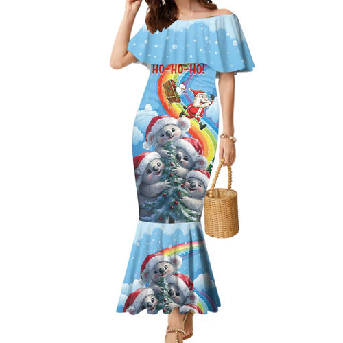 Personalised Australia Koala Christmas Family Matching Mermaid Dress and Hawaiian Shirt Santa Claus Ho Ho Ho