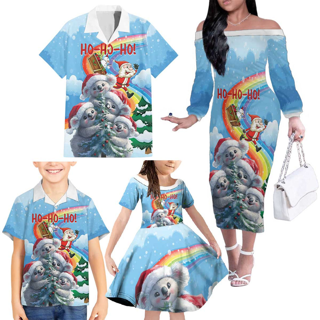 Personalised Australia Koala Christmas Family Matching Off The Shoulder Long Sleeve Dress and Hawaiian Shirt Santa Claus Ho Ho Ho