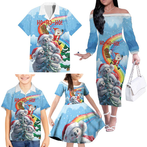 Personalised Australia Koala Christmas Family Matching Off The Shoulder Long Sleeve Dress and Hawaiian Shirt Santa Claus Ho Ho Ho