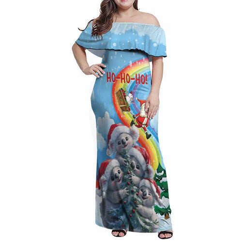 Personalised Australia Koala Christmas Family Matching Off Shoulder Maxi Dress and Hawaiian Shirt Santa Claus Ho Ho Ho