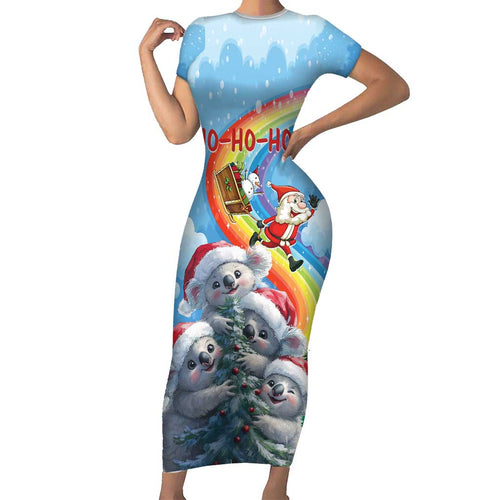 Personalised Australia Koala Christmas Short Sleeve Bodycon Dress Santa Claus Ho Ho Ho