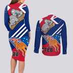 Australia Day Kangaroo and Koala With Flag Couples Matching Long Sleeve Bodycon Dress and Long Sleeve Button Shirt