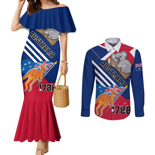 Australia Day Kangaroo and Koala With Flag Couples Matching Mermaid Dress and Long Sleeve Button Shirt
