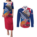 Australia Day Kangaroo and Koala With Flag Couples Matching Puletasi and Long Sleeve Button Shirt