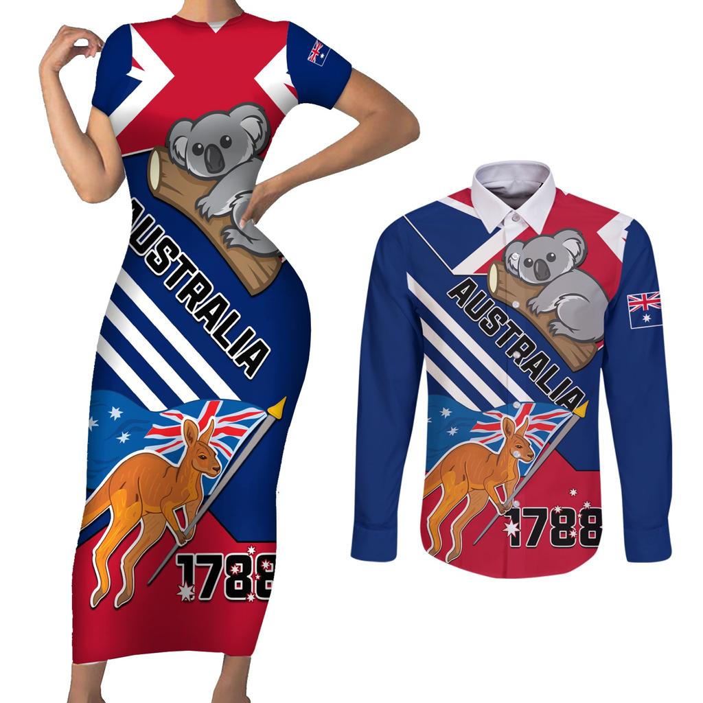 Australia Day Kangaroo and Koala With Flag Couples Matching Short Sleeve Bodycon Dress and Long Sleeve Button Shirt