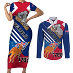 Australia Day Kangaroo and Koala With Flag Couples Matching Short Sleeve Bodycon Dress and Long Sleeve Button Shirt