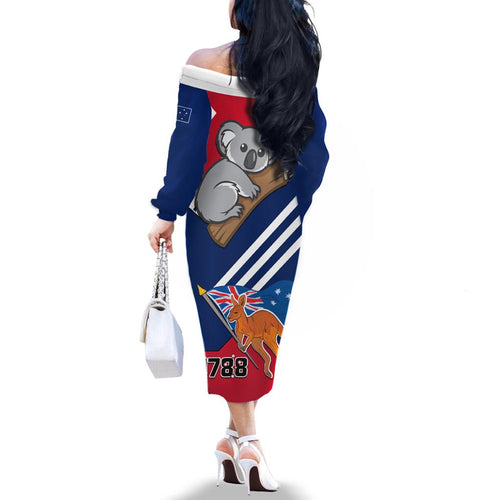 Australia Day Kangaroo and Koala With Flag Family Matching Off The Shoulder Long Sleeve Dress and Hawaiian Shirt
