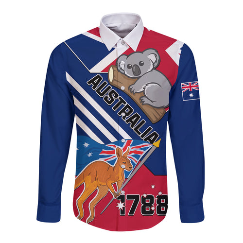 Australia Day Kangaroo and Koala With Flag Long Sleeve Button Shirt