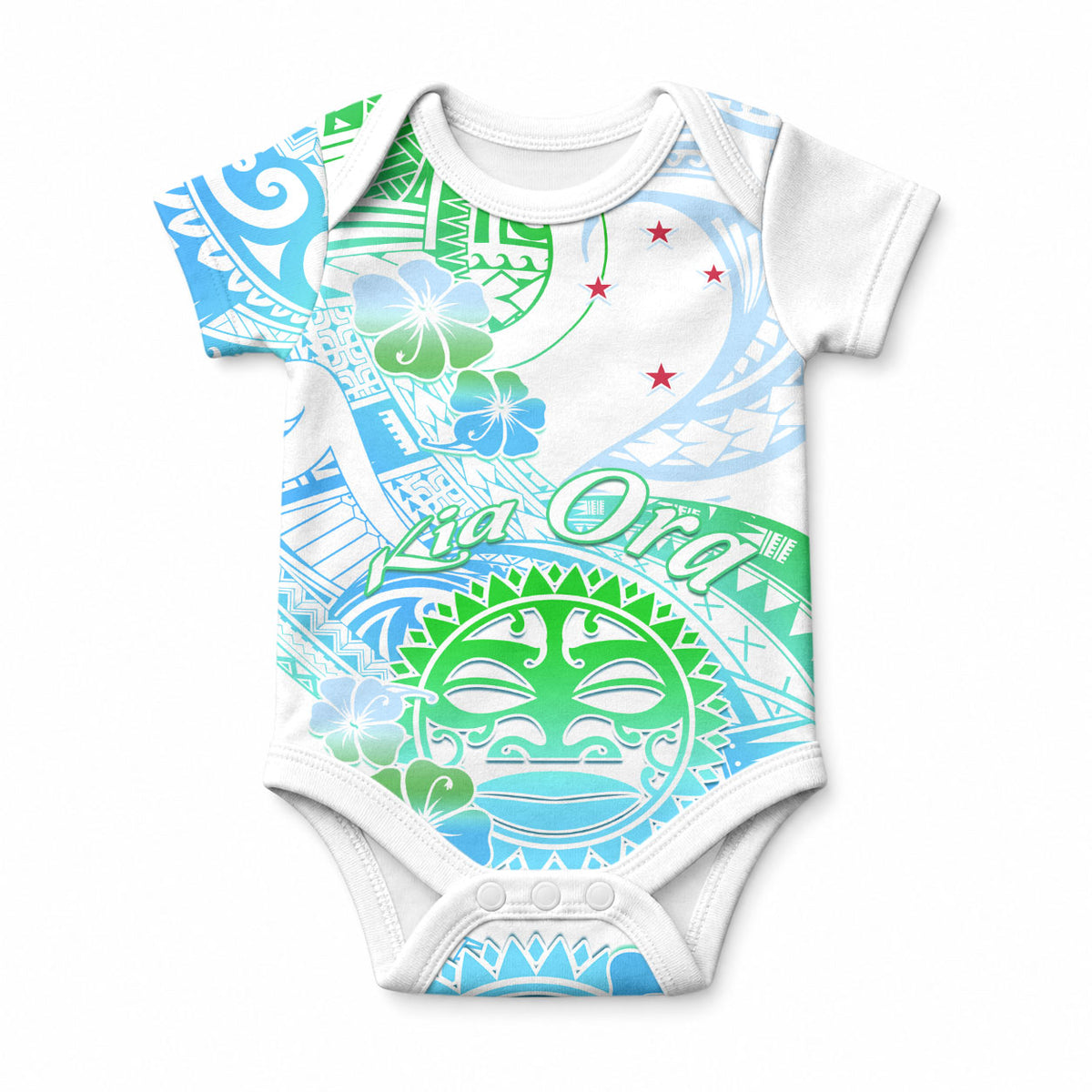 Kia Ora Maori New Zealand Pastel Baby Onesie Sun Ta Moko Aqua Green Version