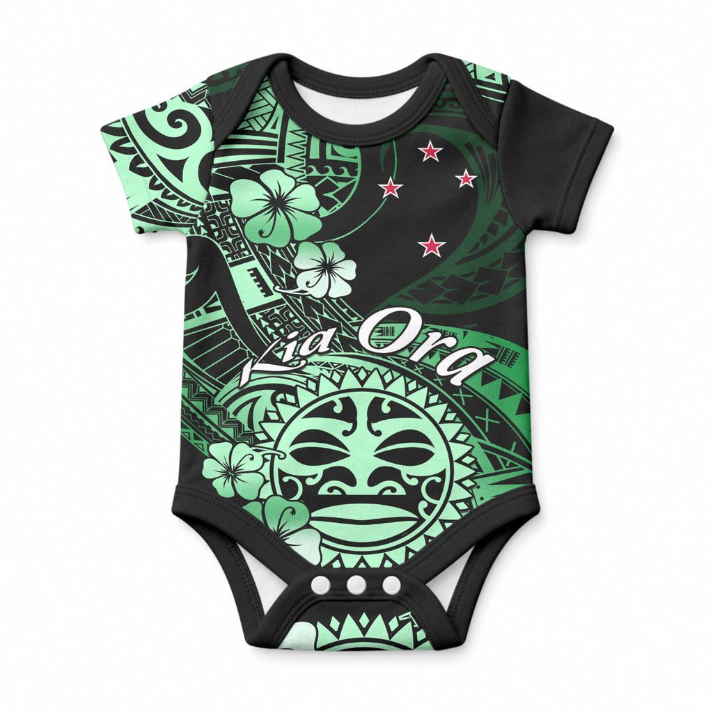 Aotearoa Kia Ora New Zealand Ta Moko Green Version Baby Onesie