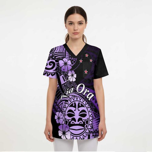Aotearoa Kia Ora New Zealand Ta Moko Purple Version Scrub Top - Aussie Hoodie