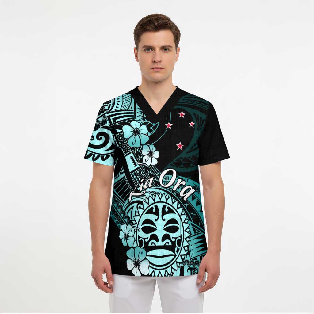 Aotearoa Kia Ora New Zealand Ta Moko Turquoise Version Scrub Top - Aussie Hoodie