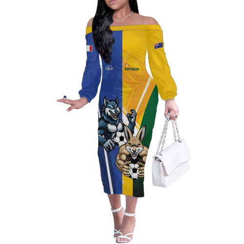 Custom Italy And Australia Soccer Family Matching Off The Shoulder Long Sleeve Dress and Hawaiian Shirt Gli Azzurri Vs Socceroos