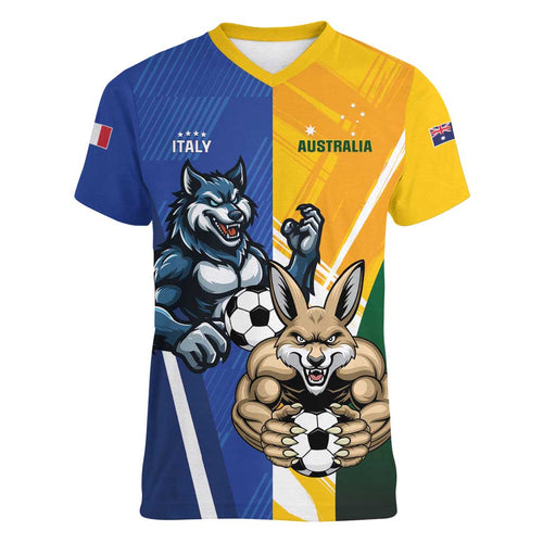Custom Italy And Australia Soccer Women V-Neck T-Shirt Gli Azzurri Vs Socceroos