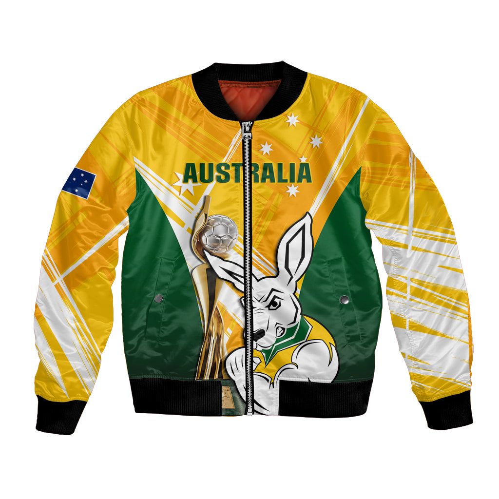 Custom Australia Soccer Bomber Jacket Matildas Kangaroo With World Cup Trophy 2023 Yellow Version