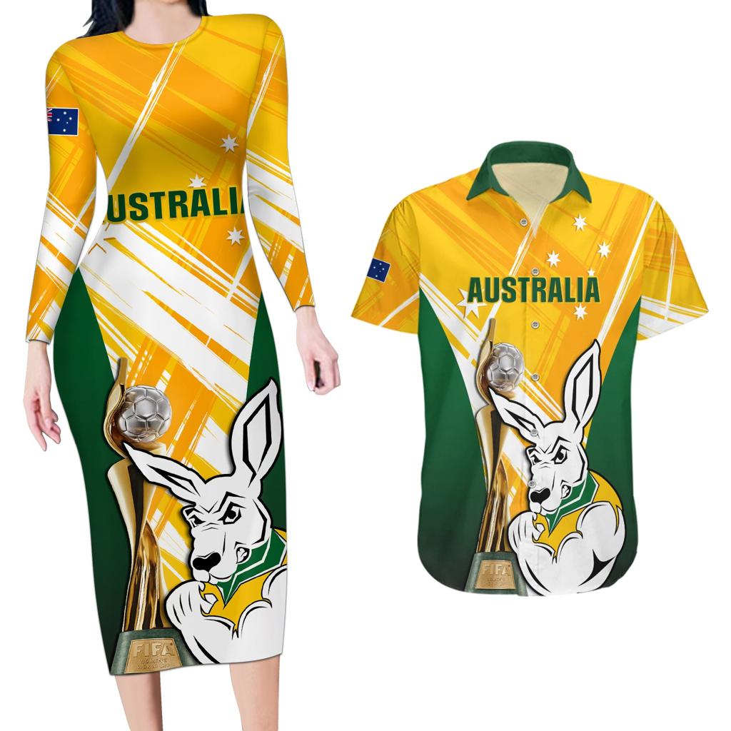 Custom Australia Soccer Couples Matching Long Sleeve Bodycon Dress and Hawaiian Shirt Matildas Kangaroo With World Cup Trophy 2023 Yellow Version