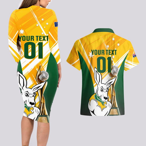 Custom Australia Soccer Couples Matching Long Sleeve Bodycon Dress and Hawaiian Shirt Matildas Kangaroo With World Cup Trophy 2023 Yellow Version