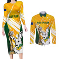 Custom Australia Soccer Couples Matching Long Sleeve Bodycon Dress and Long Sleeve Button Shirt Matildas Kangaroo With World Cup Trophy 2023 Yellow Version