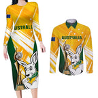 Custom Australia Soccer Couples Matching Long Sleeve Bodycon Dress and Long Sleeve Button Shirt Matildas Kangaroo With World Cup Trophy 2023 Yellow Version