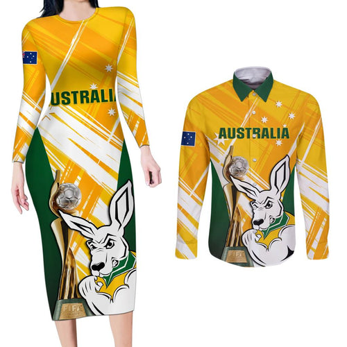 Custom Australia Soccer Couples Matching Long Sleeve Bodycon Dress and Long Sleeve Button Shirt Matildas Kangaroo With World Cup Trophy 2023 Yellow Version